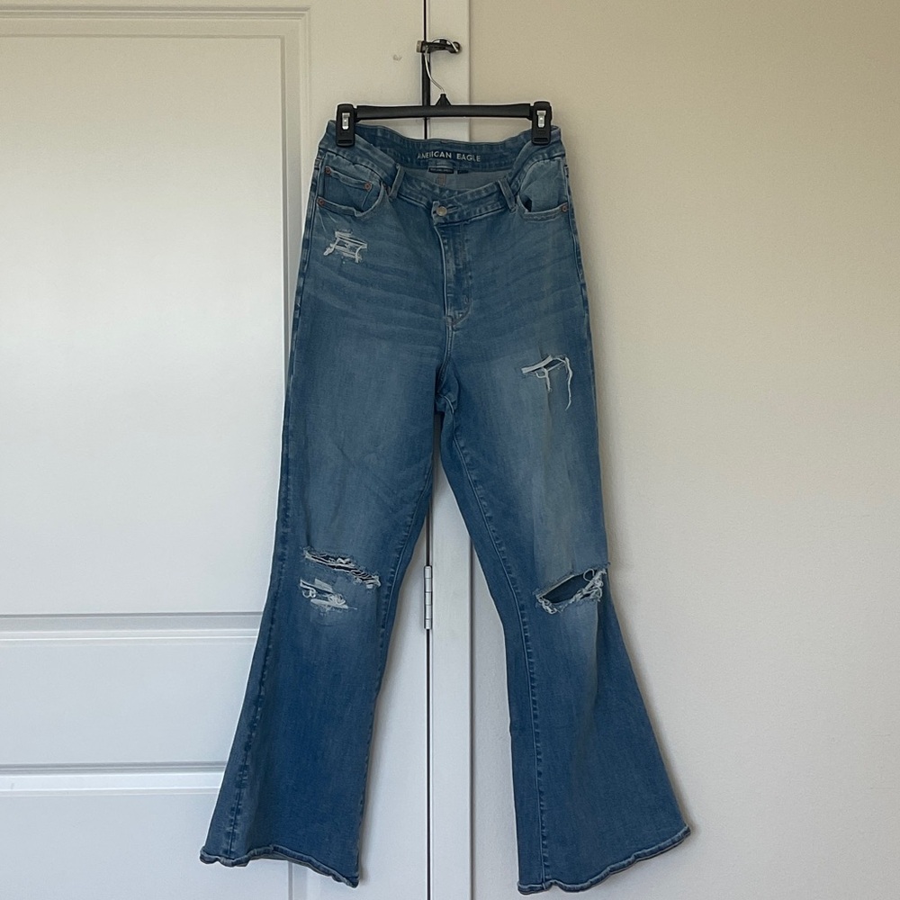 American Eagle Outfitters Distressed Blue Wide Leg Jeans
